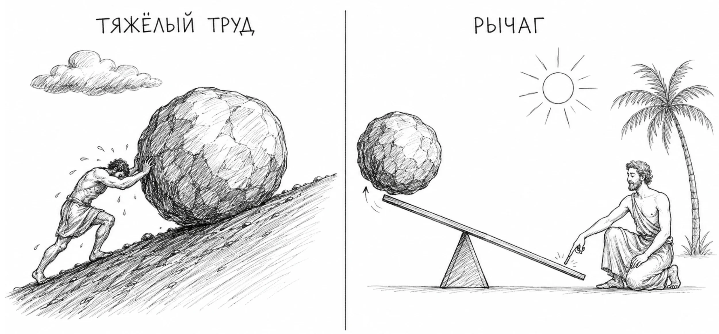 Один человек тащит камень в гору на спине, другой поднимает тот же камень рычагом