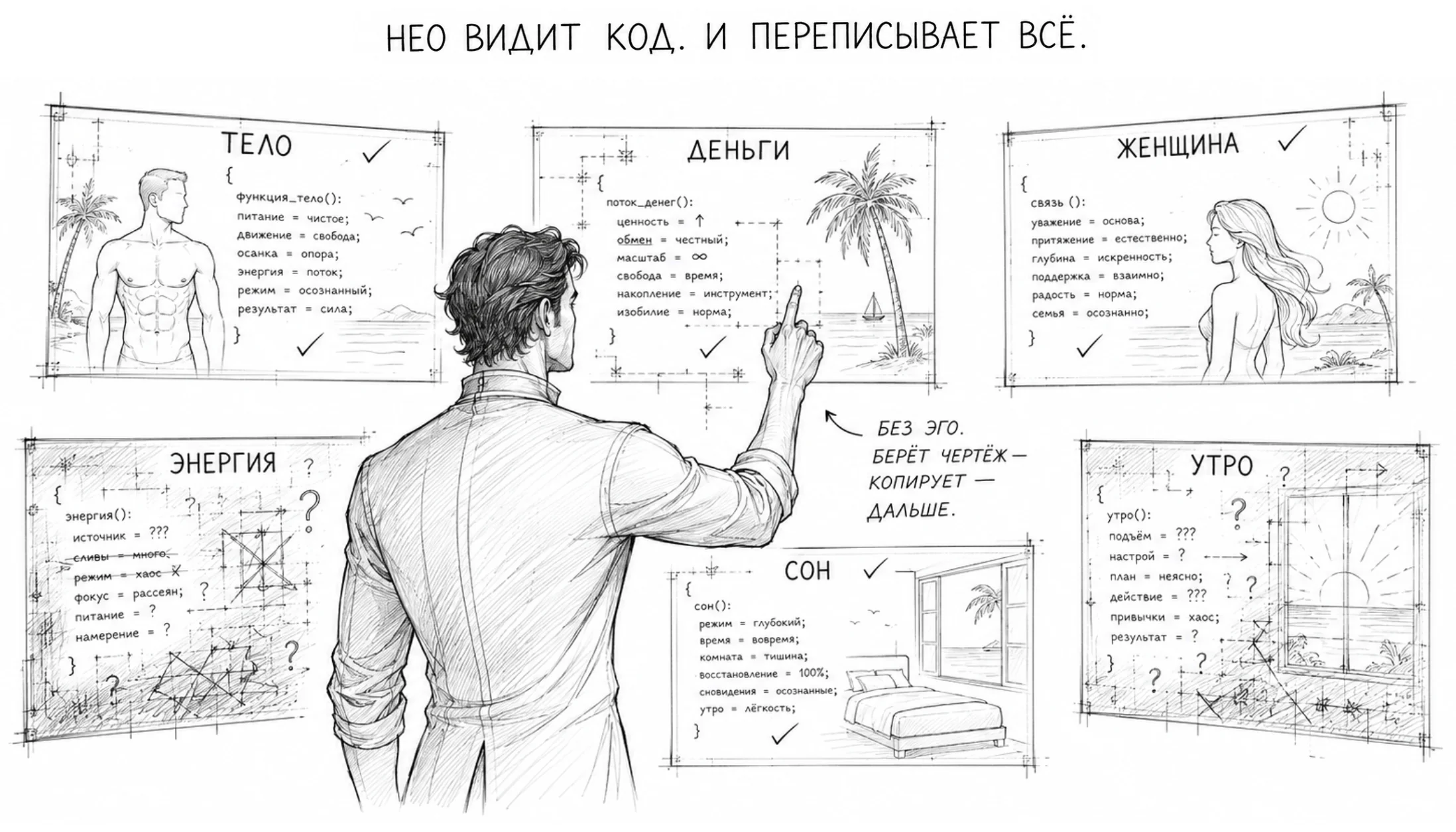 Нео видит код Матрицы и по одной переписывает все области жизни