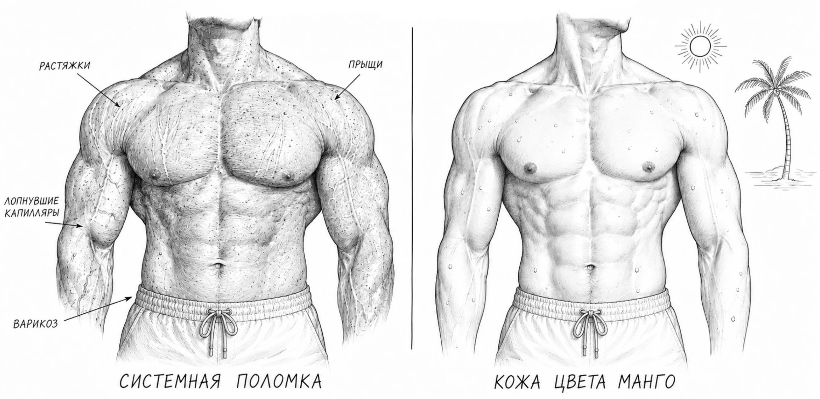 Кожа «качка» на препаратах: серый пергаментный тон, прыщи на спине, лопнувшие капилляры и растяжки на плечах