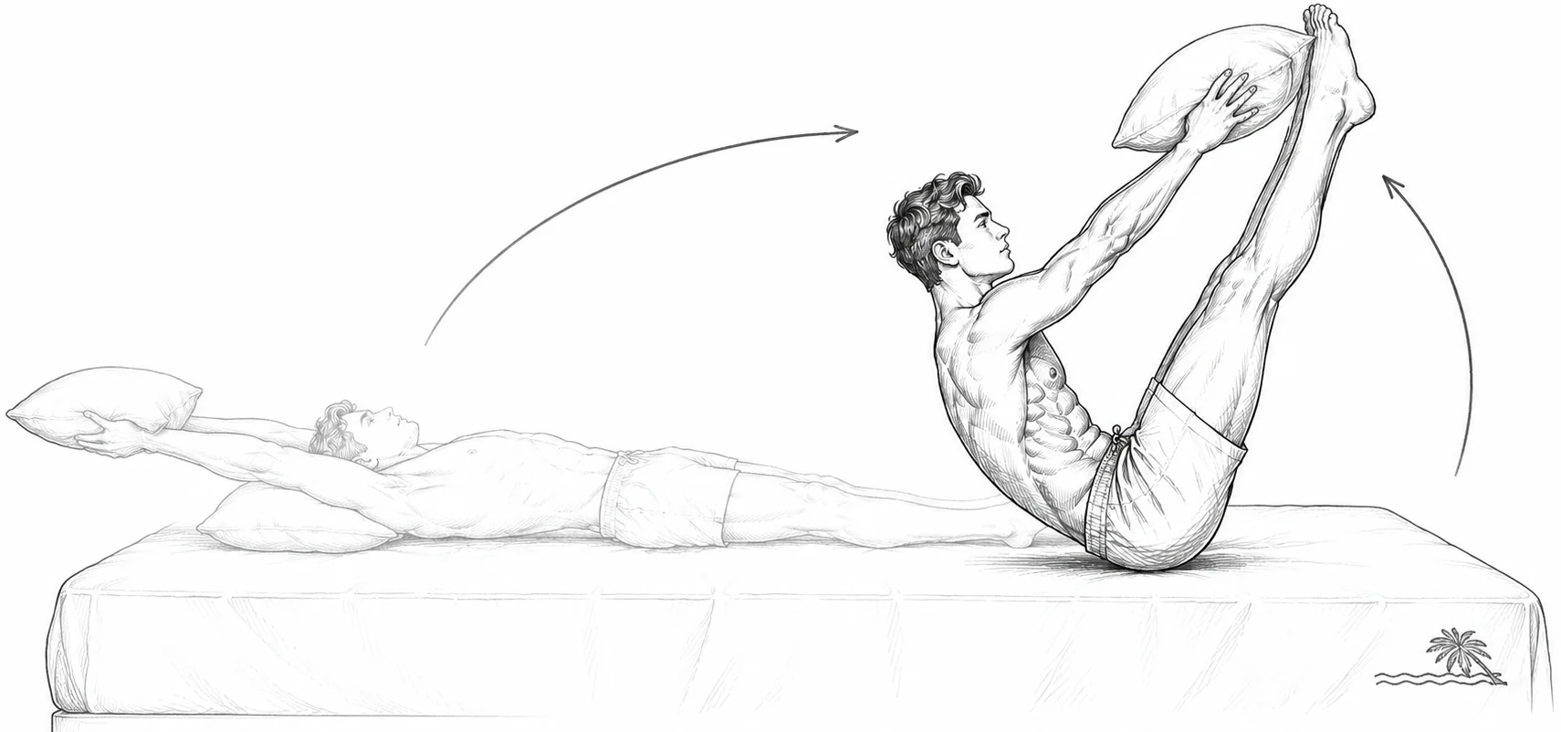 Атлет выполняет склёпку на кровати, поднимая ноги и подушку навстречу друг другу.