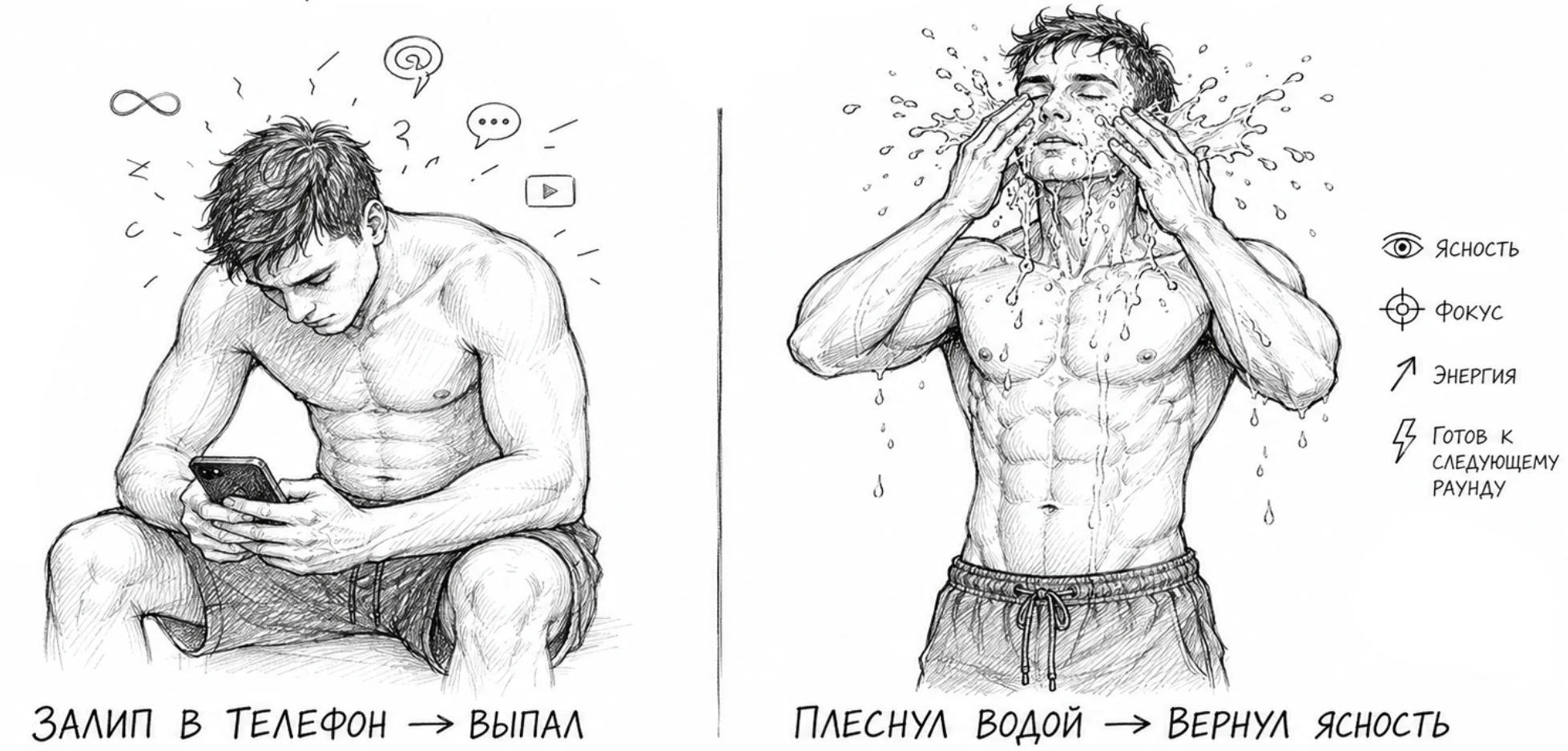 Схема противопоставляет залипание в телефоне плеску холодной водой для возвращения ясности.