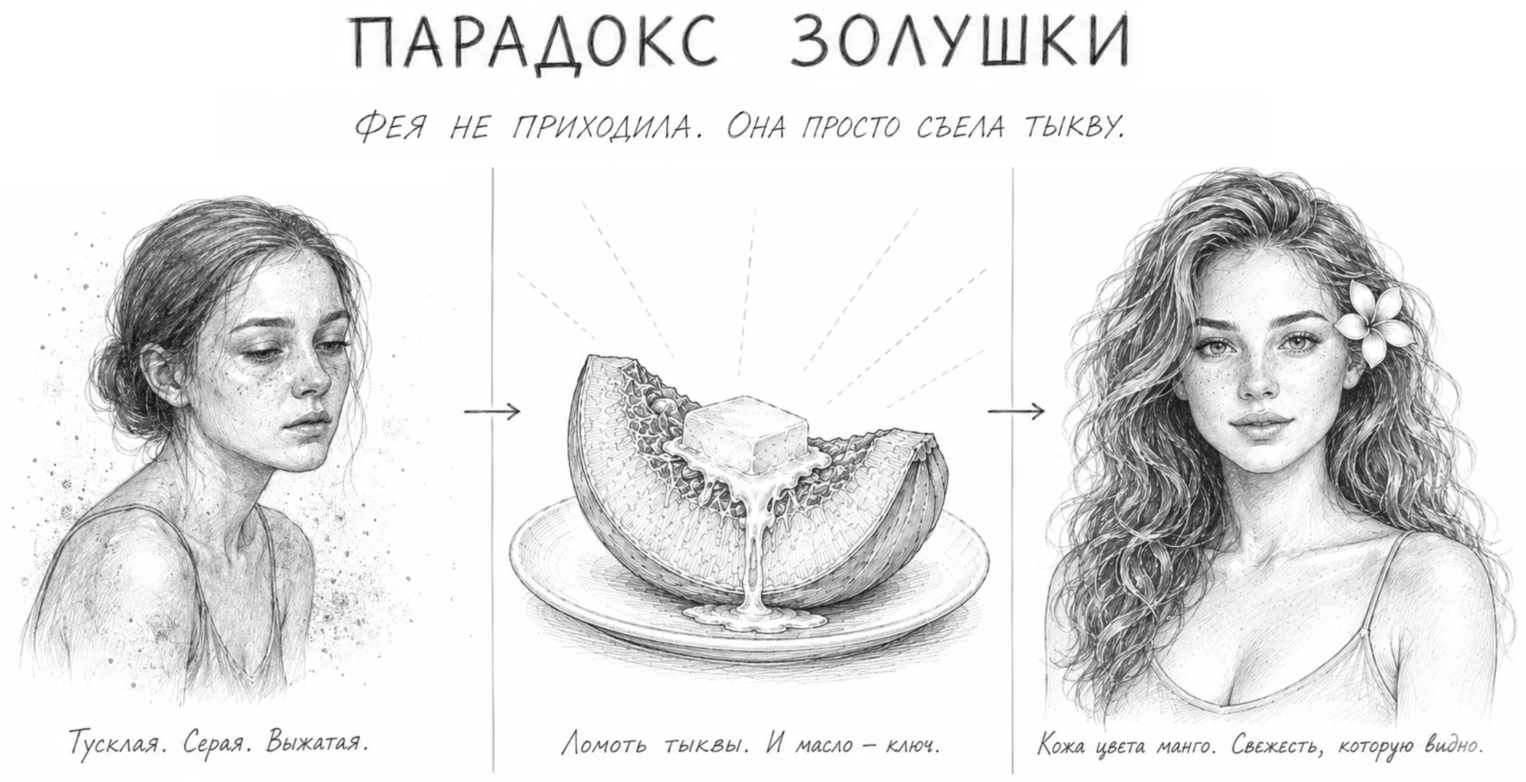 Схема «Парадокс Золушки» ведёт от уставшей девушки через тыкву к сияющей коже.