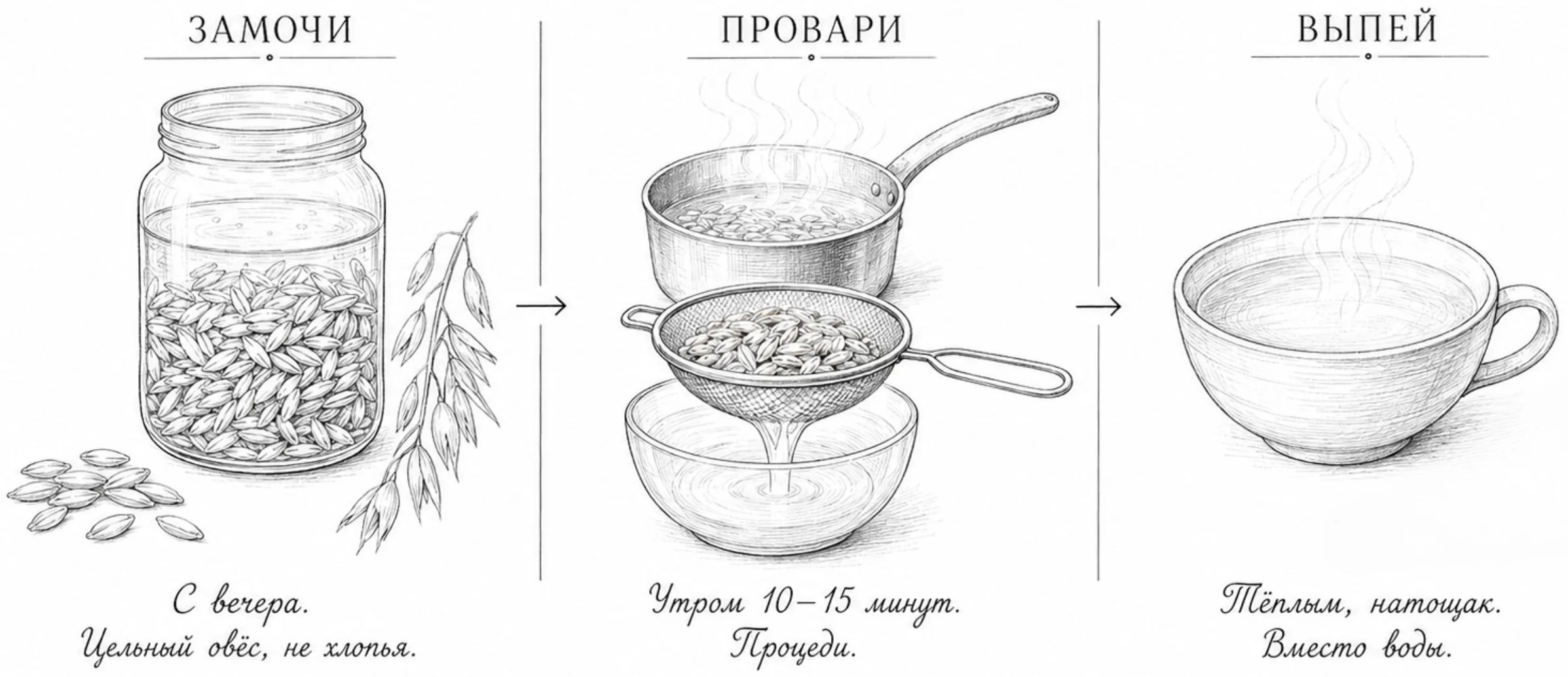 Три шага приготовления овсяного отвара: замочить, проварить и выпить тёплым.