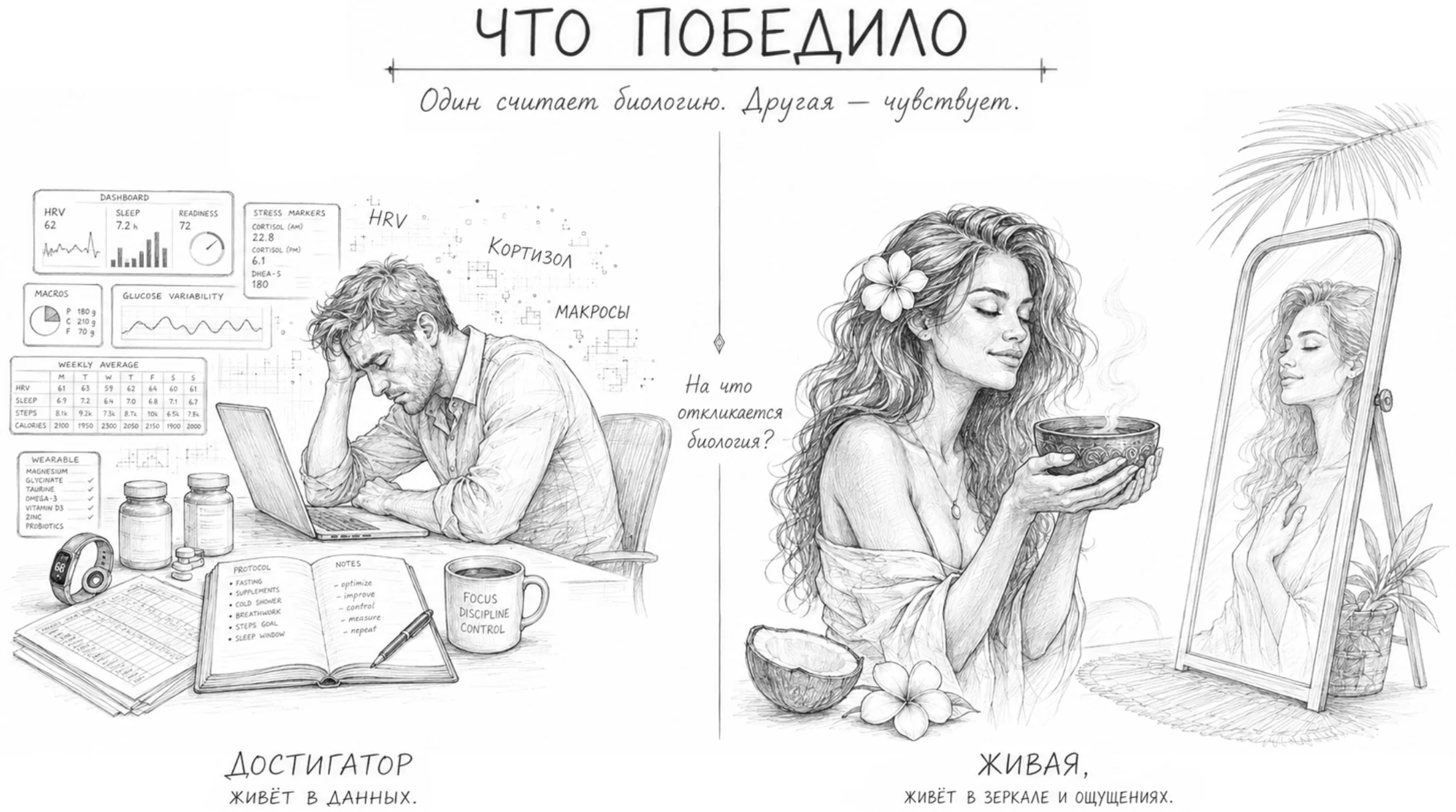 Схема противопоставляет достигатора среди таблиц и живую танцовщицу с чашей у зеркала.