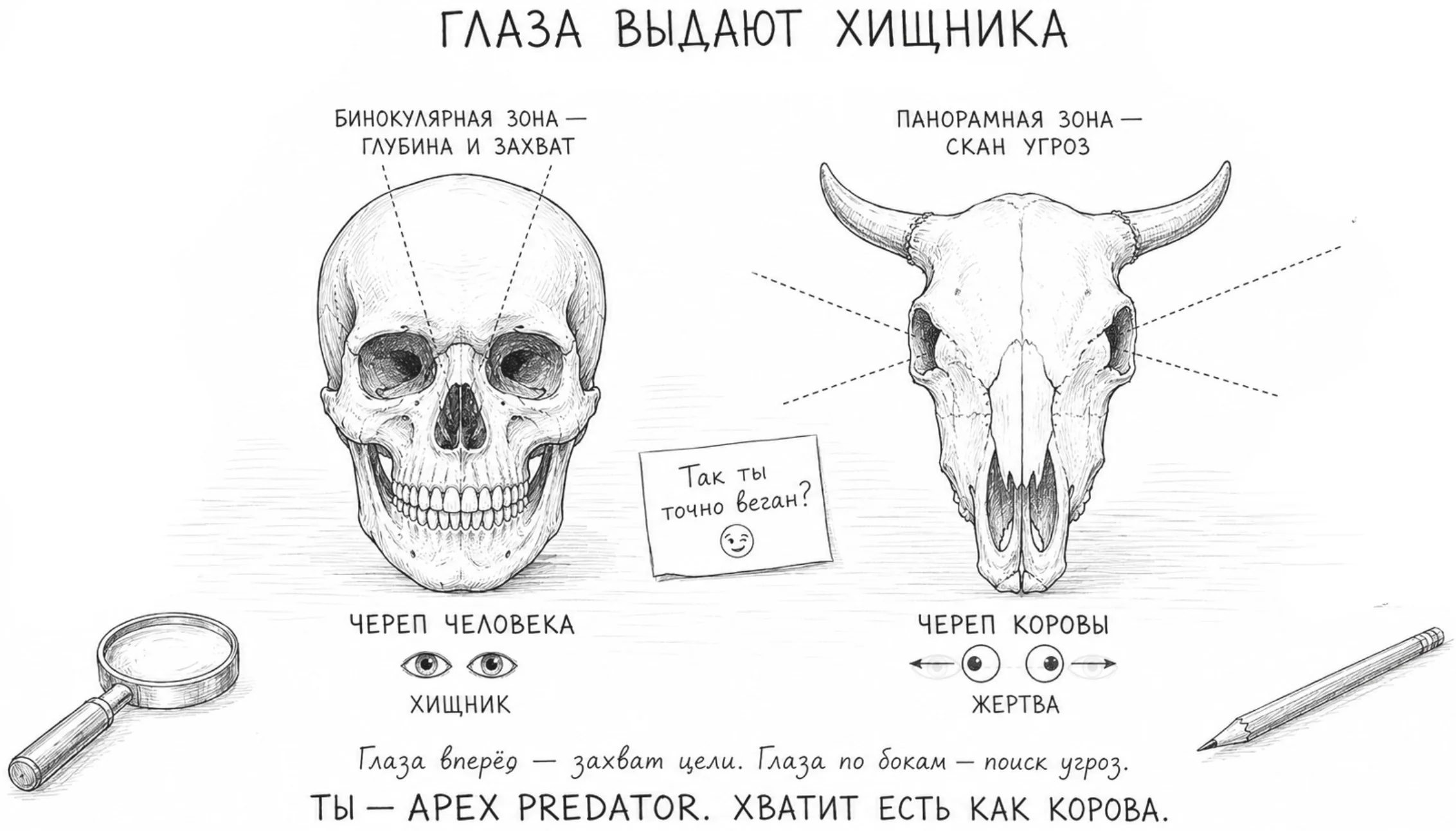Схема сравнивает направленные вперёд глаза человека с боковым обзором коровы.
