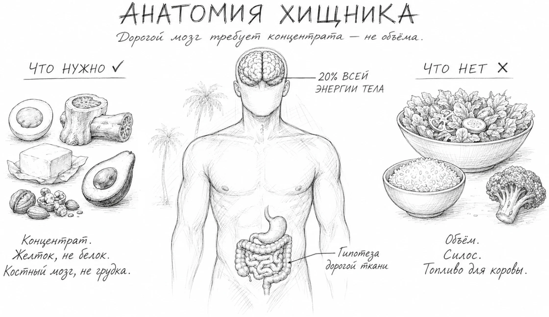 Схема «Анатомия хищника» сопоставляет концентрированную пищу с объёмными салатами и крупами.