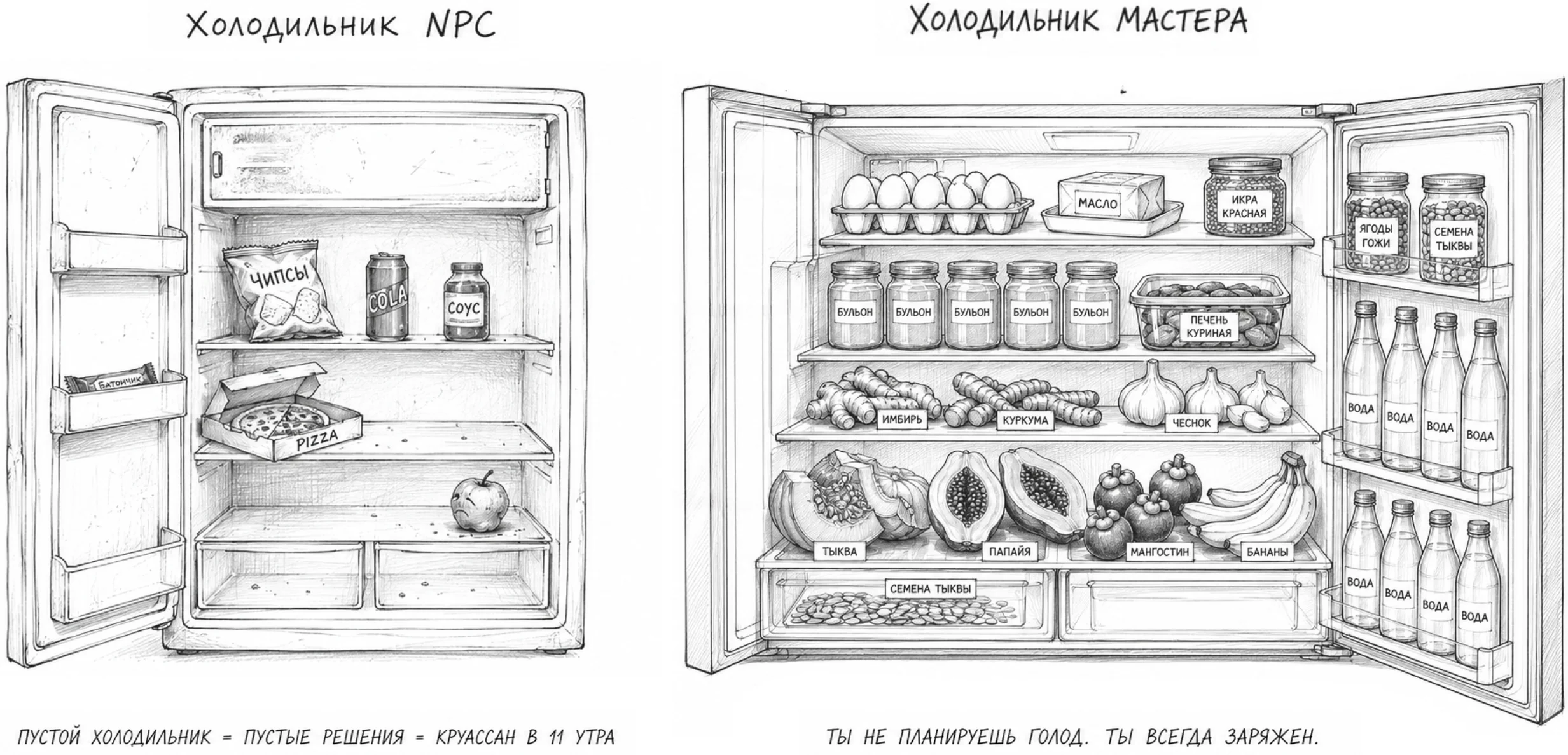 Два открытых холодильника: почти пустой холодильник NPC и полностью заполненный холодильник мастера.