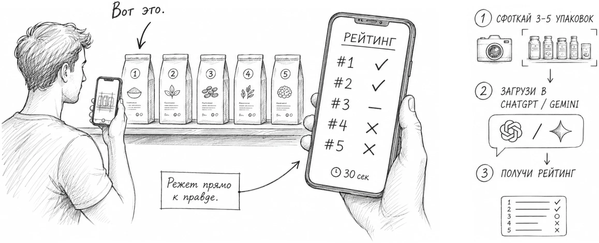 Покупатель фотографирует полку, а AI в телефоне анализирует составы и ранжирует продукты.