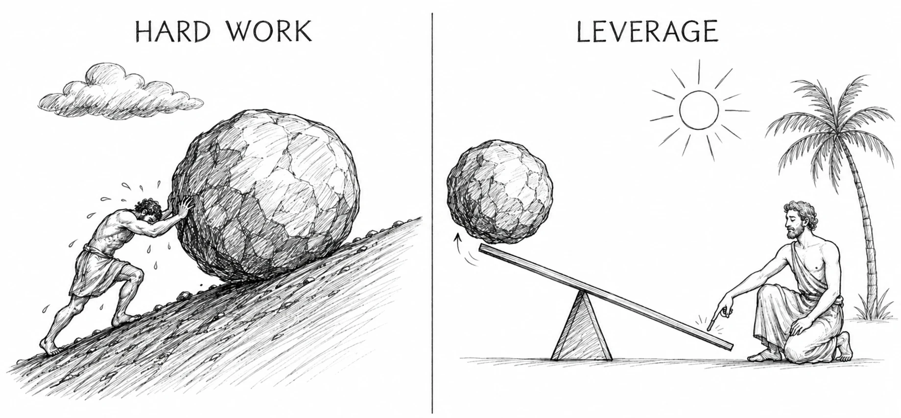 One man drags a boulder up a mountain on his back, while another effortlessly lifts the boulder using a lever