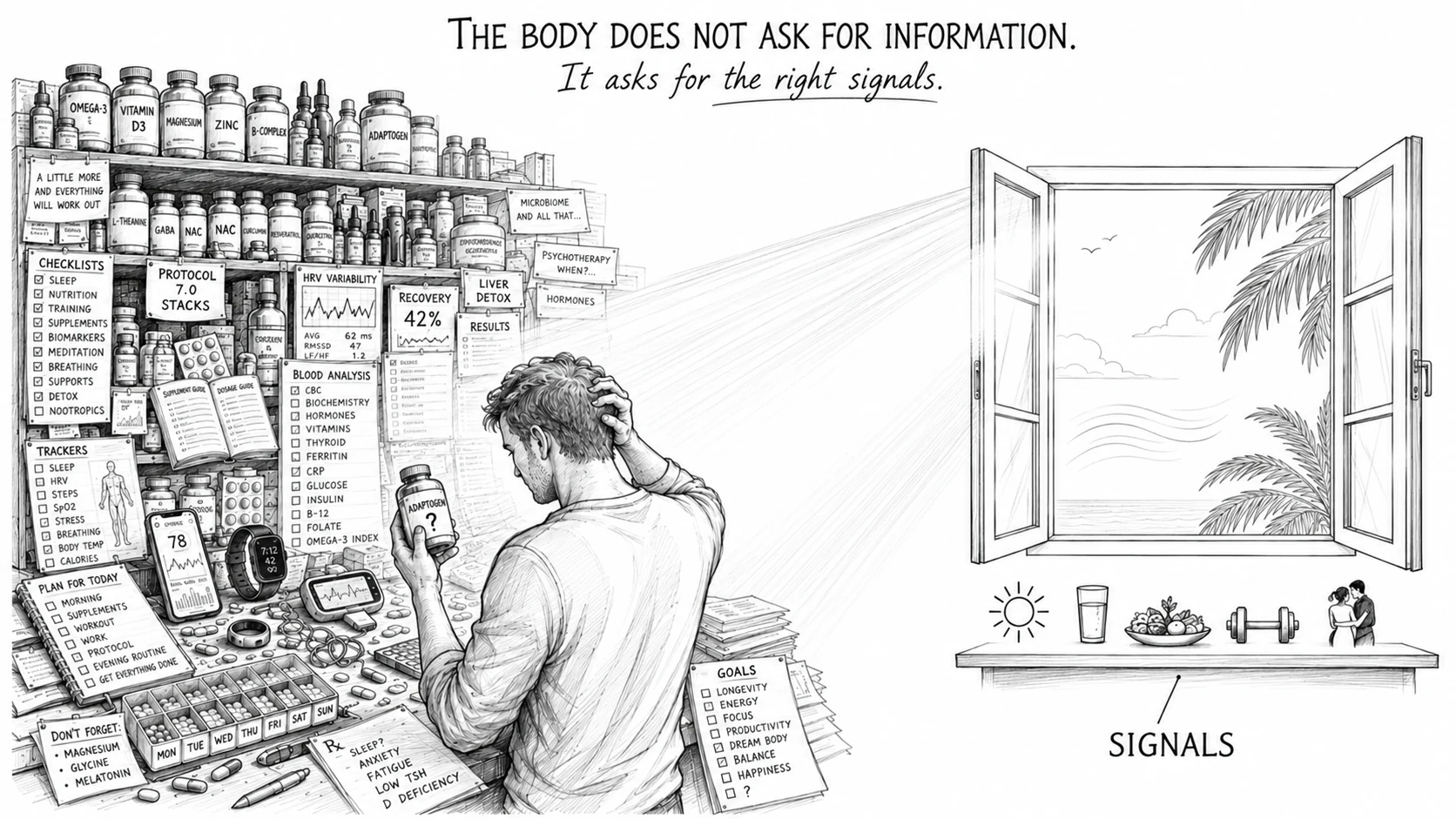 Businessman in an upscale restaurant: a winner on the outside, broken biology on the inside