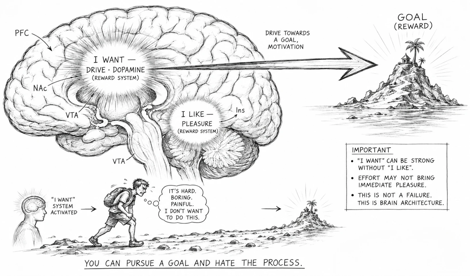 The correct action lies outside the comfort zone where no pre-built neural highway exists