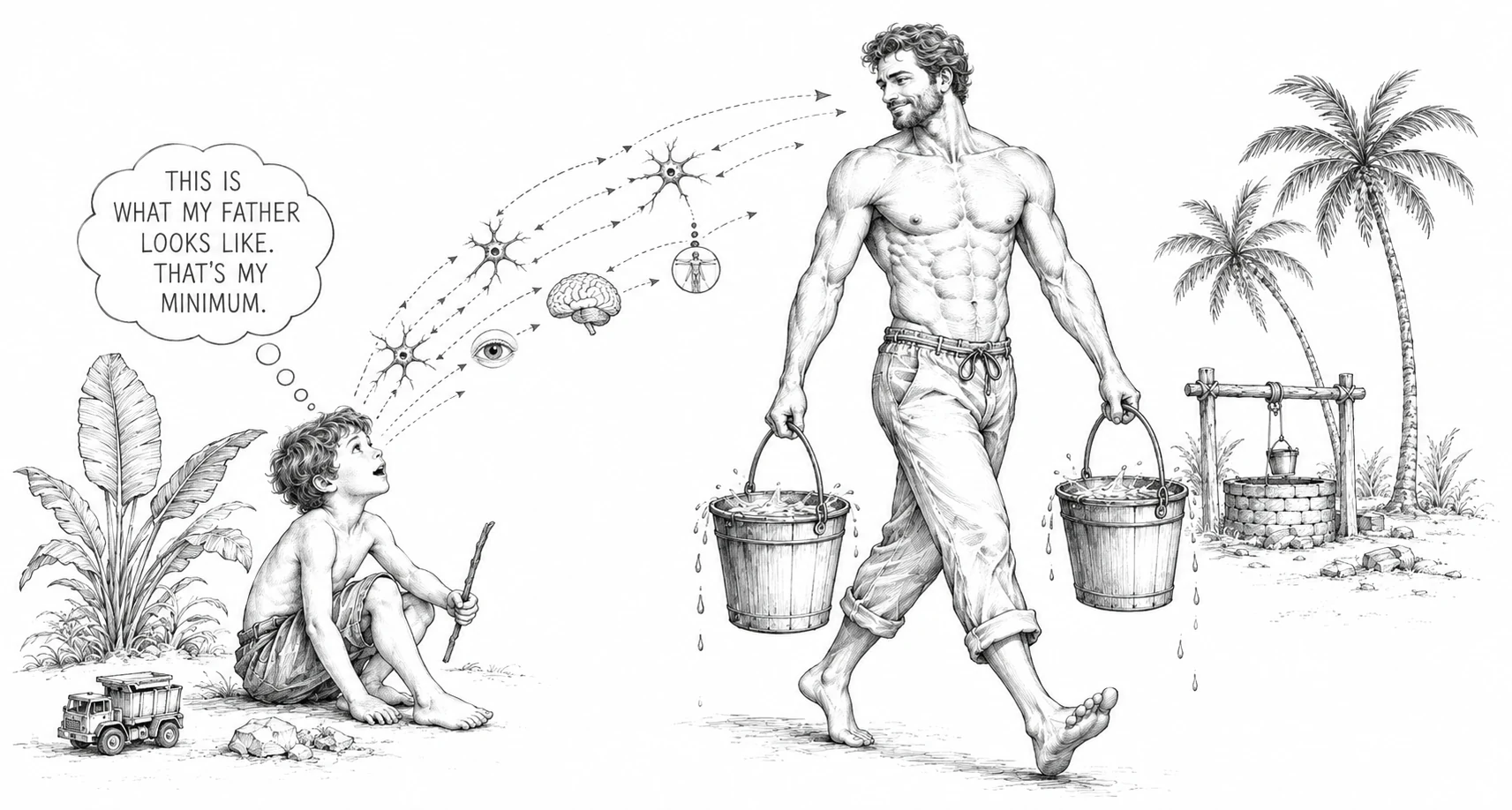 A young child looking up at his father, absorbing his posture, explosive movement, and physique
