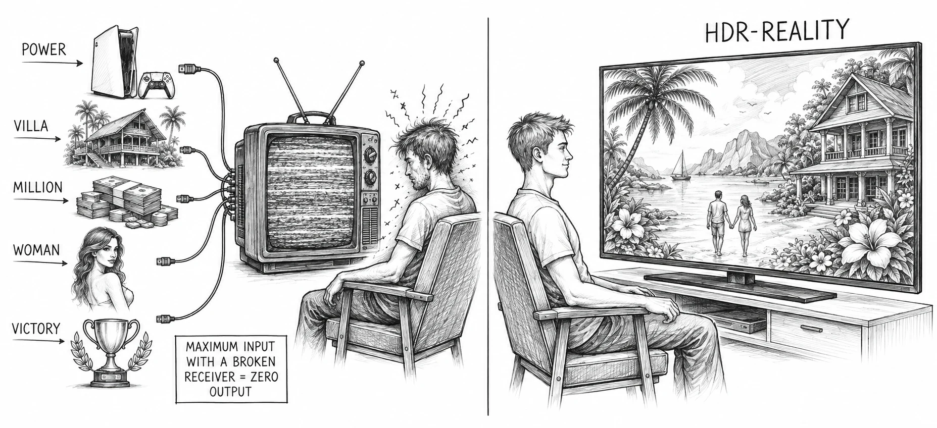 A luxury villa and wealth entering through fried neural receptors: like a PS5 plugged into an old black-and-white television
