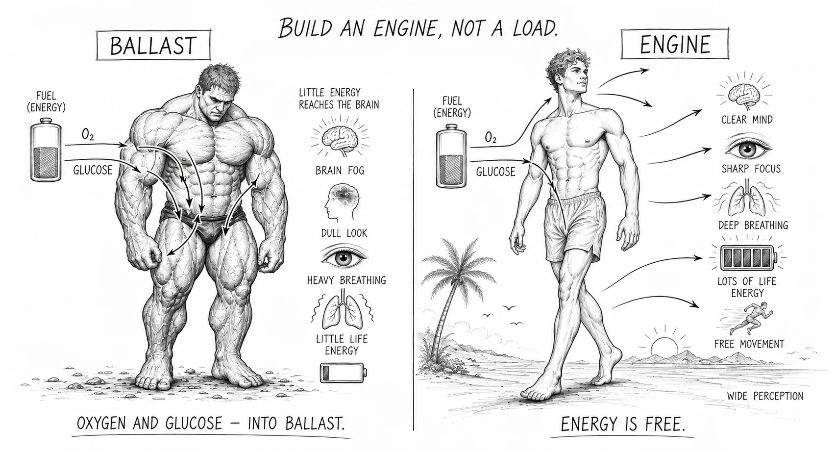 Overbuilt bodybuilder as high-maintenance ballast: massive bulk, zero free vitality