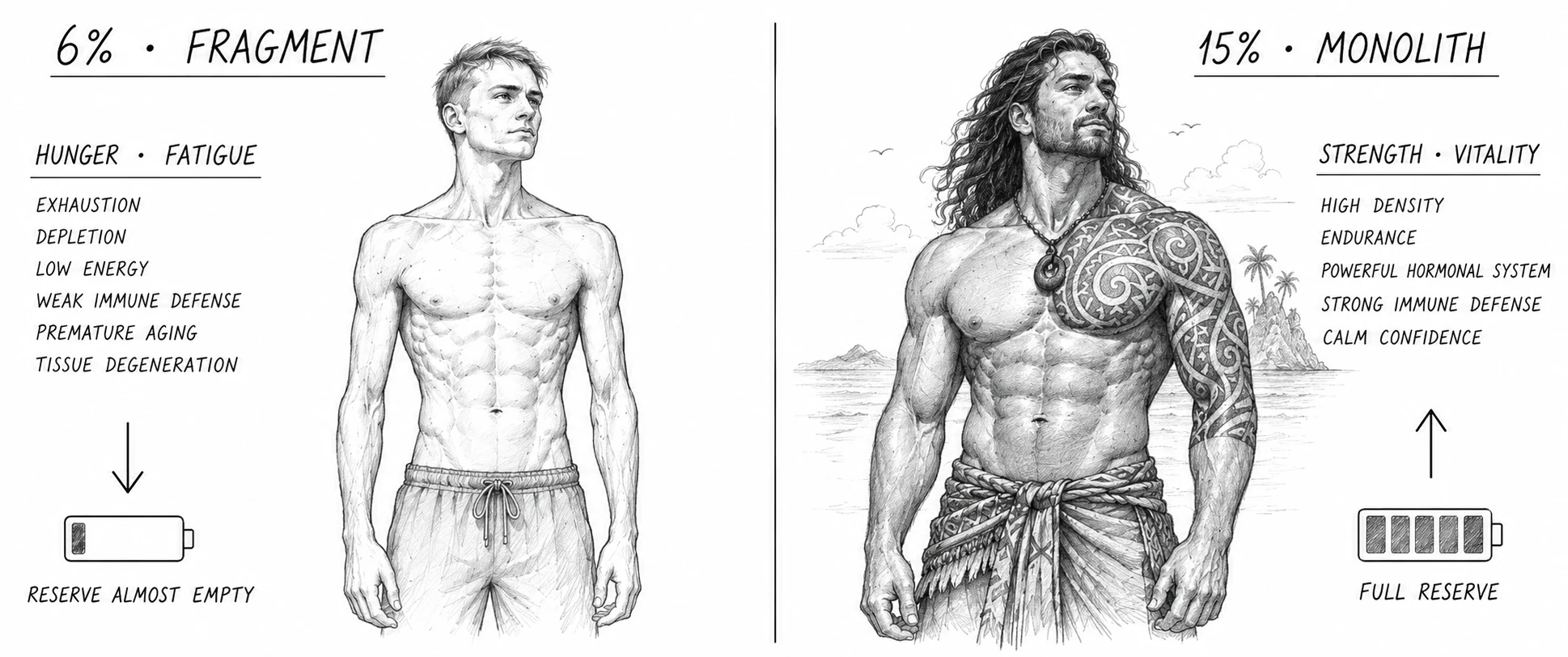 Pre-industrial island warrior: powerful dense frame rowing against ocean swells under the tropical sun