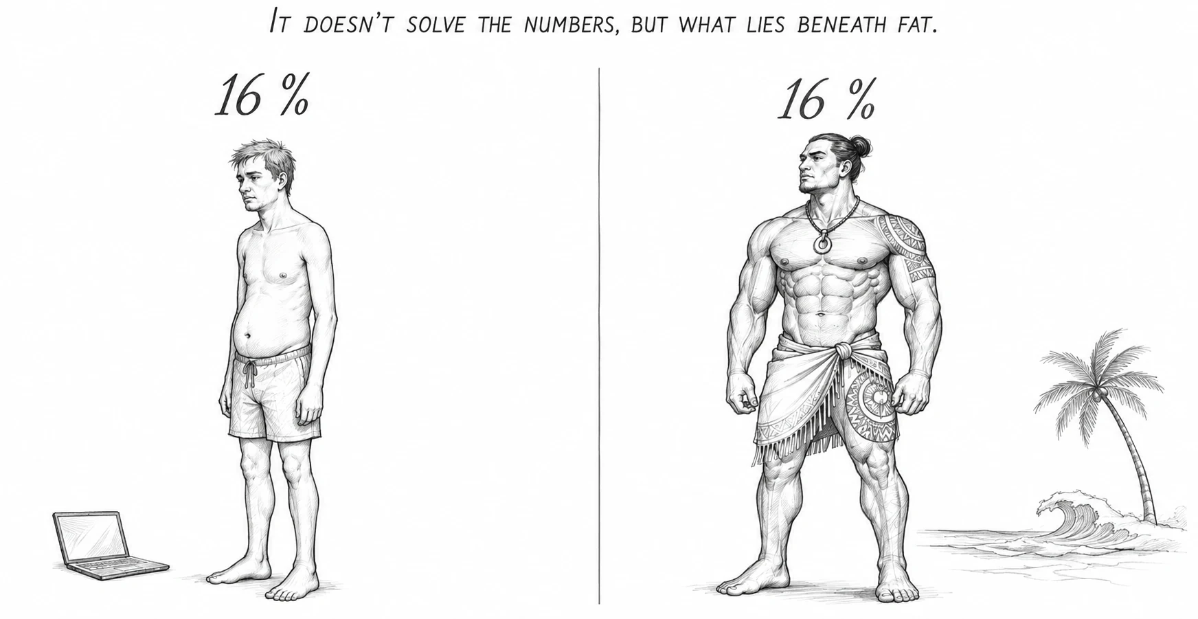 The exact same body fat percentage on two frames: a soft puffy desk worker vs. a solid sculpted island warrior