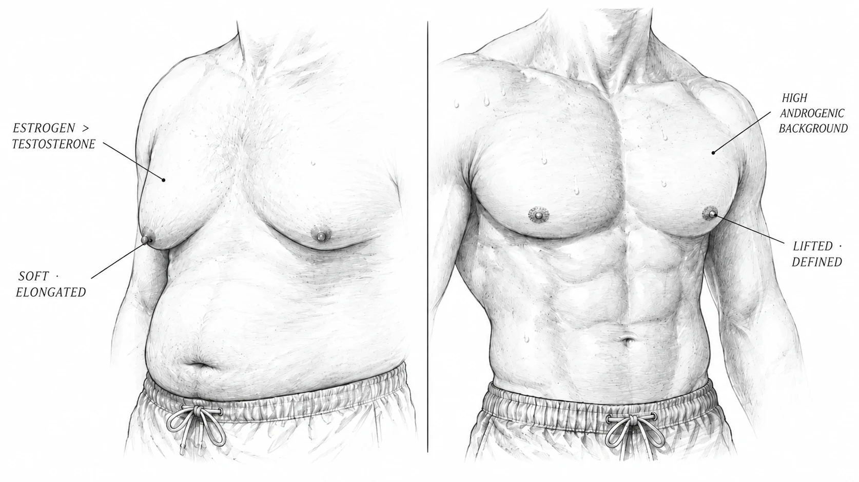 The chest as a hormonal dashboard: soft drooping areola vs. tight compact star on an armored slab of chest