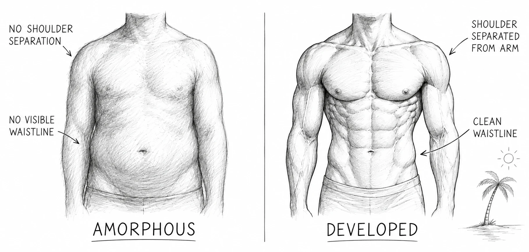 Two silhouettes compared: smooth full muscle with clean separation vs. stringy knotty exhaustion