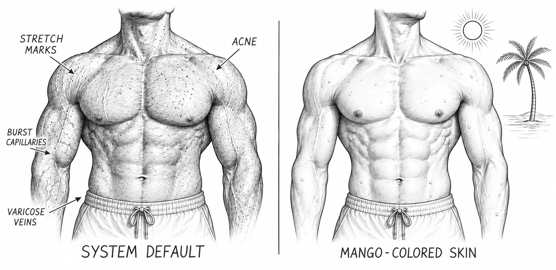 Chemically enhanced bodybuilder skin: grey papery tone, back acne, burst capillaries, and severe stretch marks