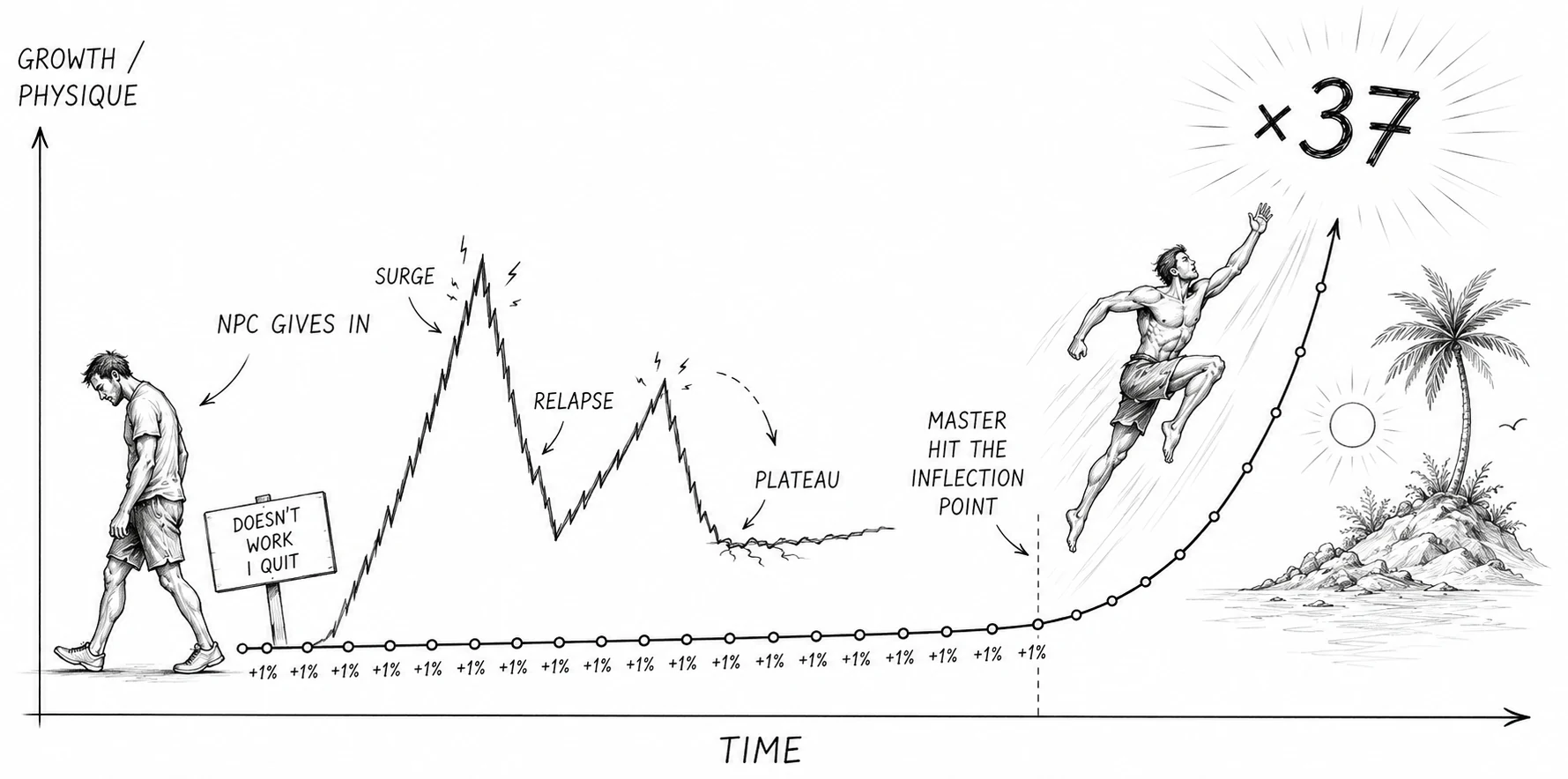 Two compounding trajectories: +1% daily surges exponentially to ×37, while -1% collapses to 0.03