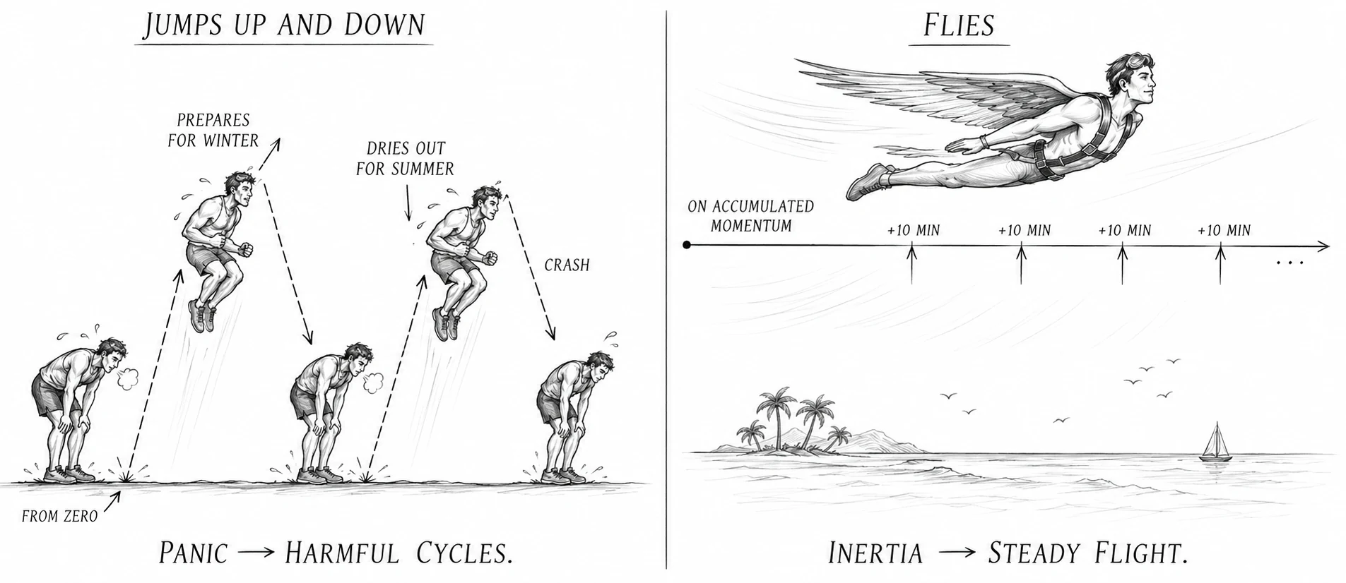 The NPC doesn't fly, he hops: cycles of violent sprints and crashes instead of a sustained cruising altitude