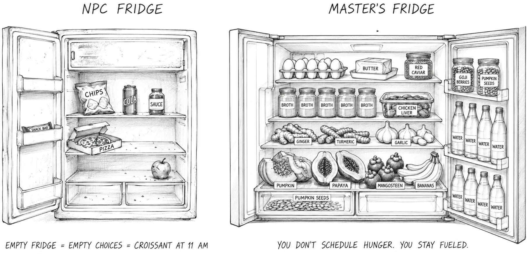 Two open refrigerators: an empty disorganized NPC fridge vs. a fully stocked, organized Master fridge.