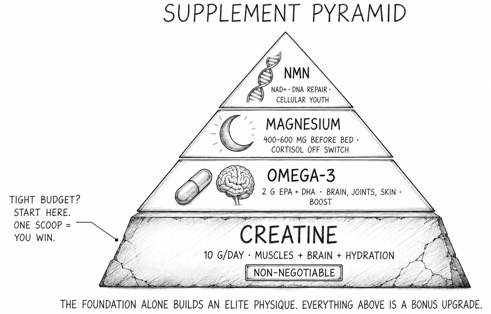 Supplement hierarchy: creatine monohydrate at the base, topped by omega-3, magnesium, and NMN.