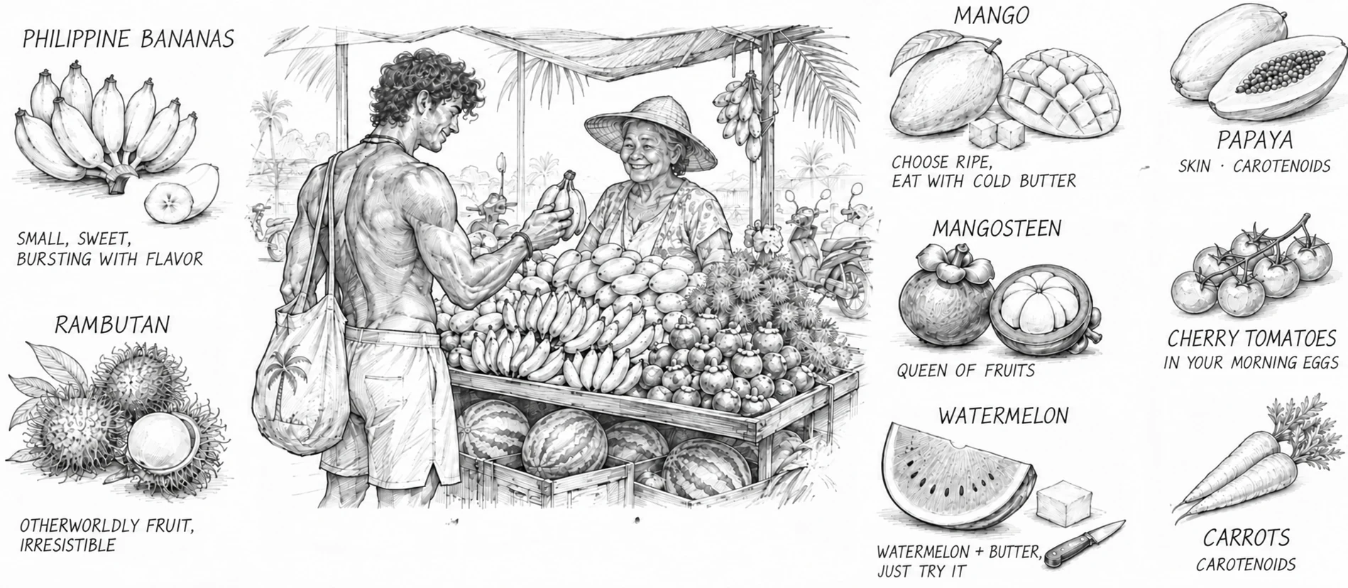 Fresh tropical fruit market showcasing ripe papayas, bananas, mangoes, and seasonal fruits.