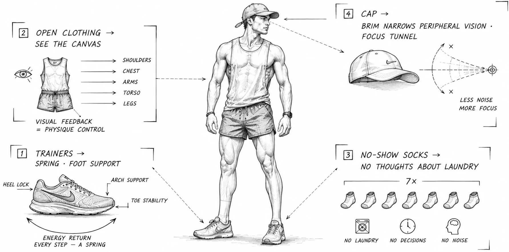 Master athletic kit: premium running shoes, open athletic tank top, high shorts, seven pairs of socks, and cap.