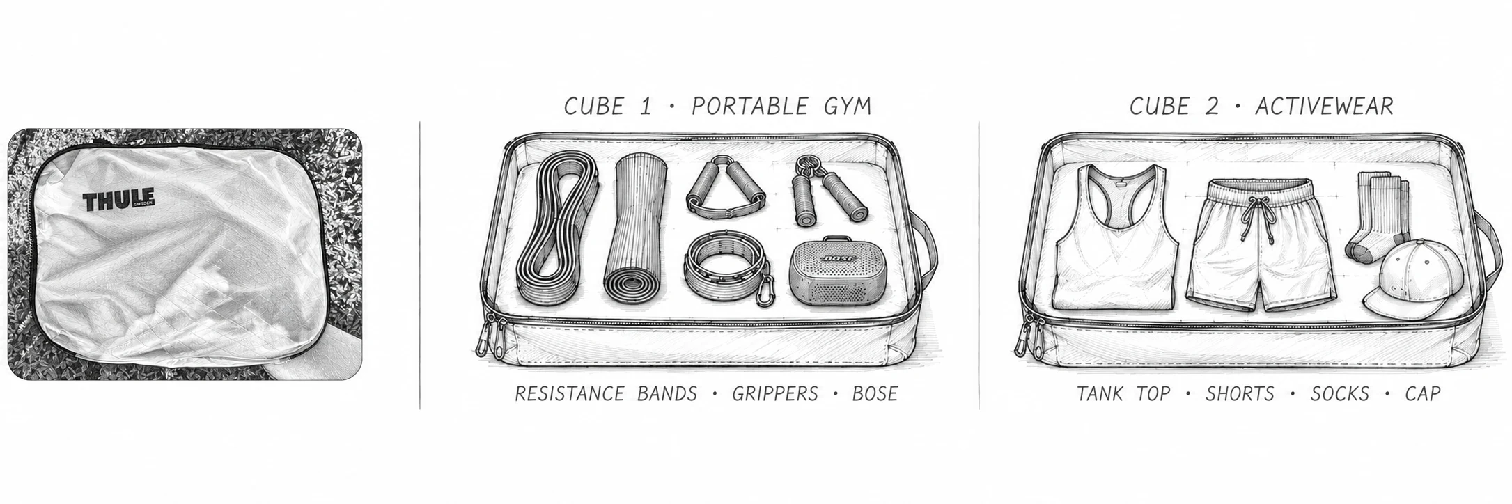 White Thule packing cube and diagram showing the two-cube system: portable gym and athletic apparel.