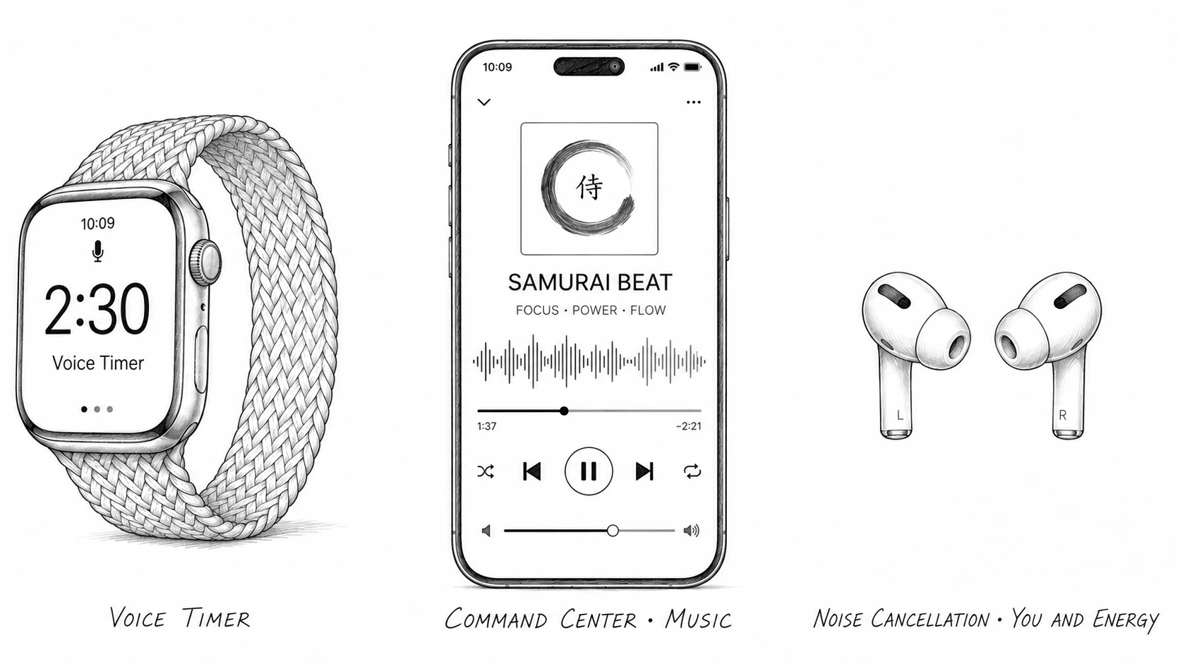 Apple Watch with voice timer, iPhone for high-voltage audio, and AirPods Pro 3 forming the command center.