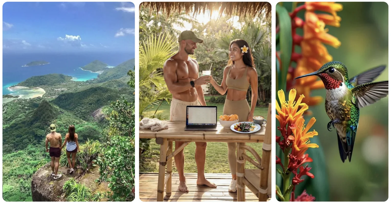 Morning in Bali: ocean and mountains, a couple on a sun-drenched terrace, and a hummingbird at a tropical flower