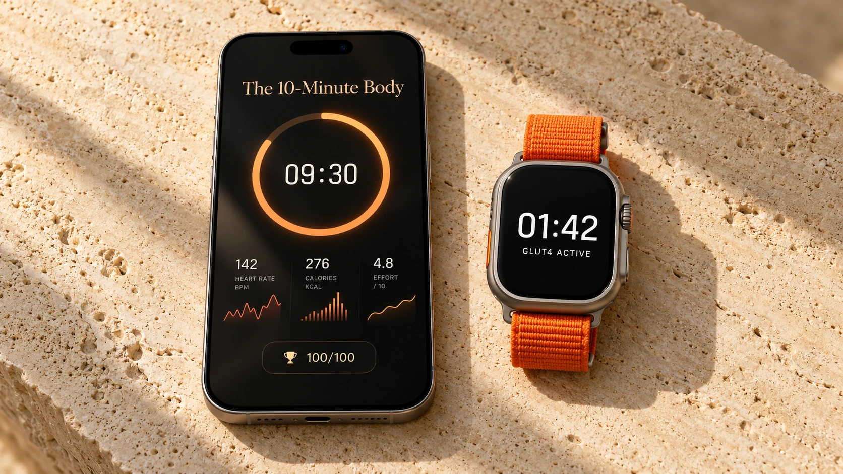 PWA iOS The 10-Minute Body dan aplikasi Apple Watch Ultra di atas batu travertin Bali