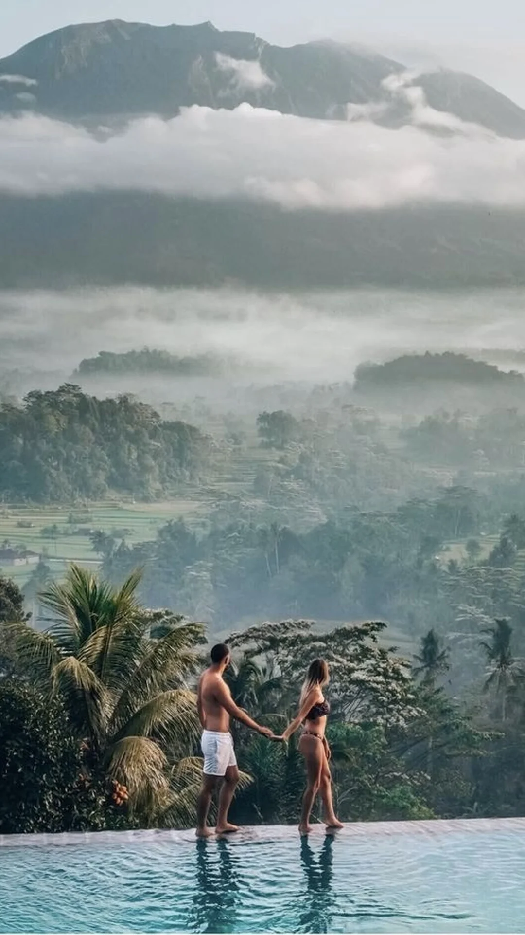 Sunrise over the tropical jungle and an infinity pool