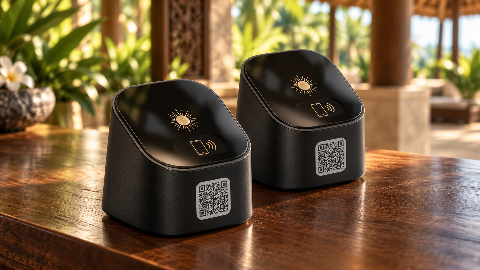 A smart reception display on a hotel front desk